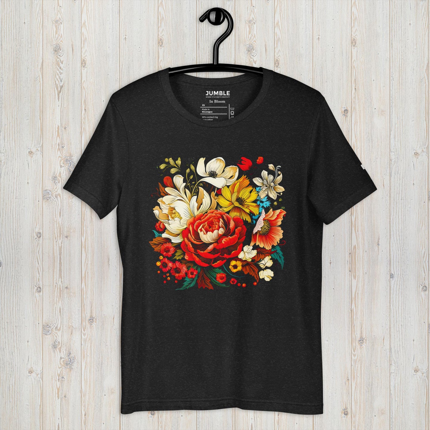In Bloom Unisex T-Shirt - Black Heather Color - On Hanger