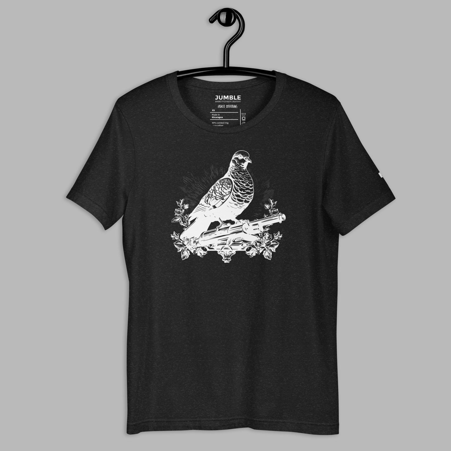 Peace Offering Unisex t-shirt- in black heather, on hanger
