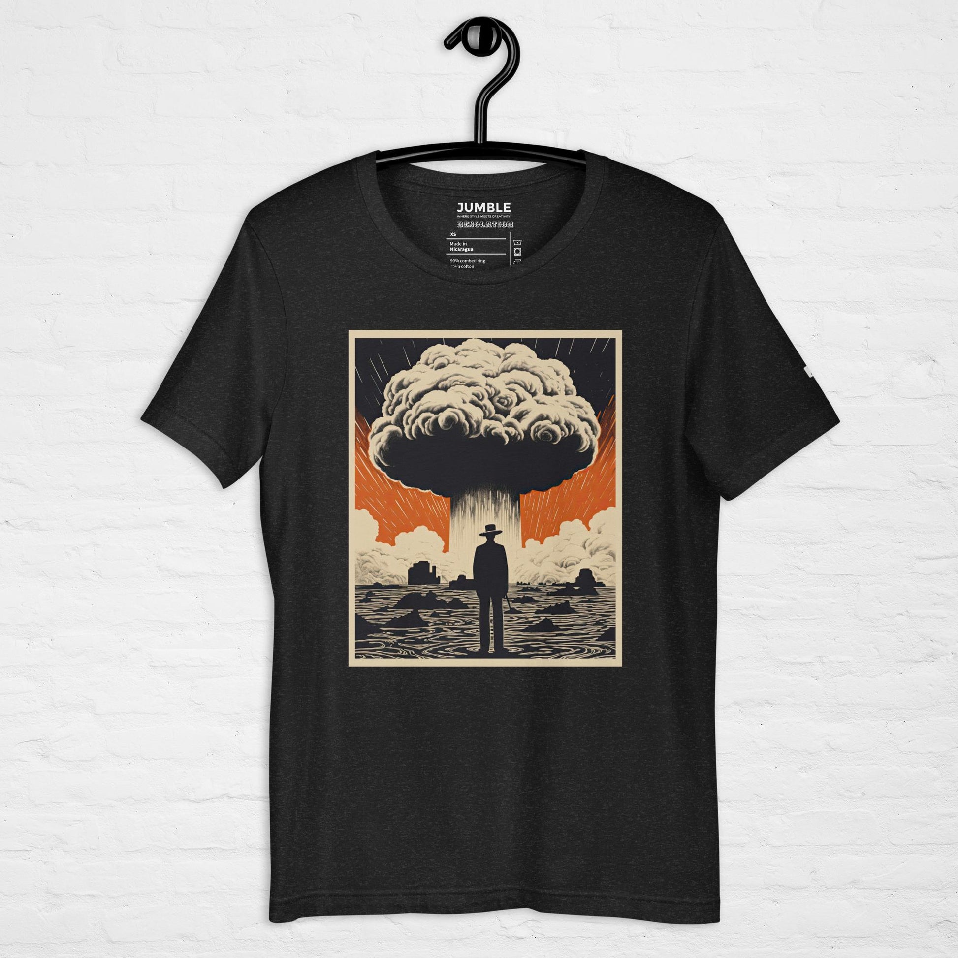 Desolation Unisex t-shirt in black heather, displayed on hanger
