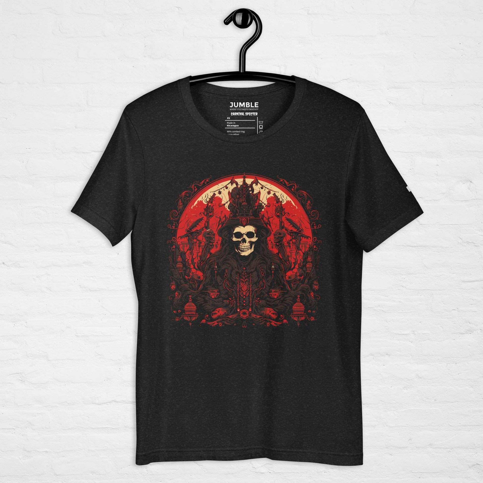 black heather Carnival Specter Unisex t-shirt on a hanger