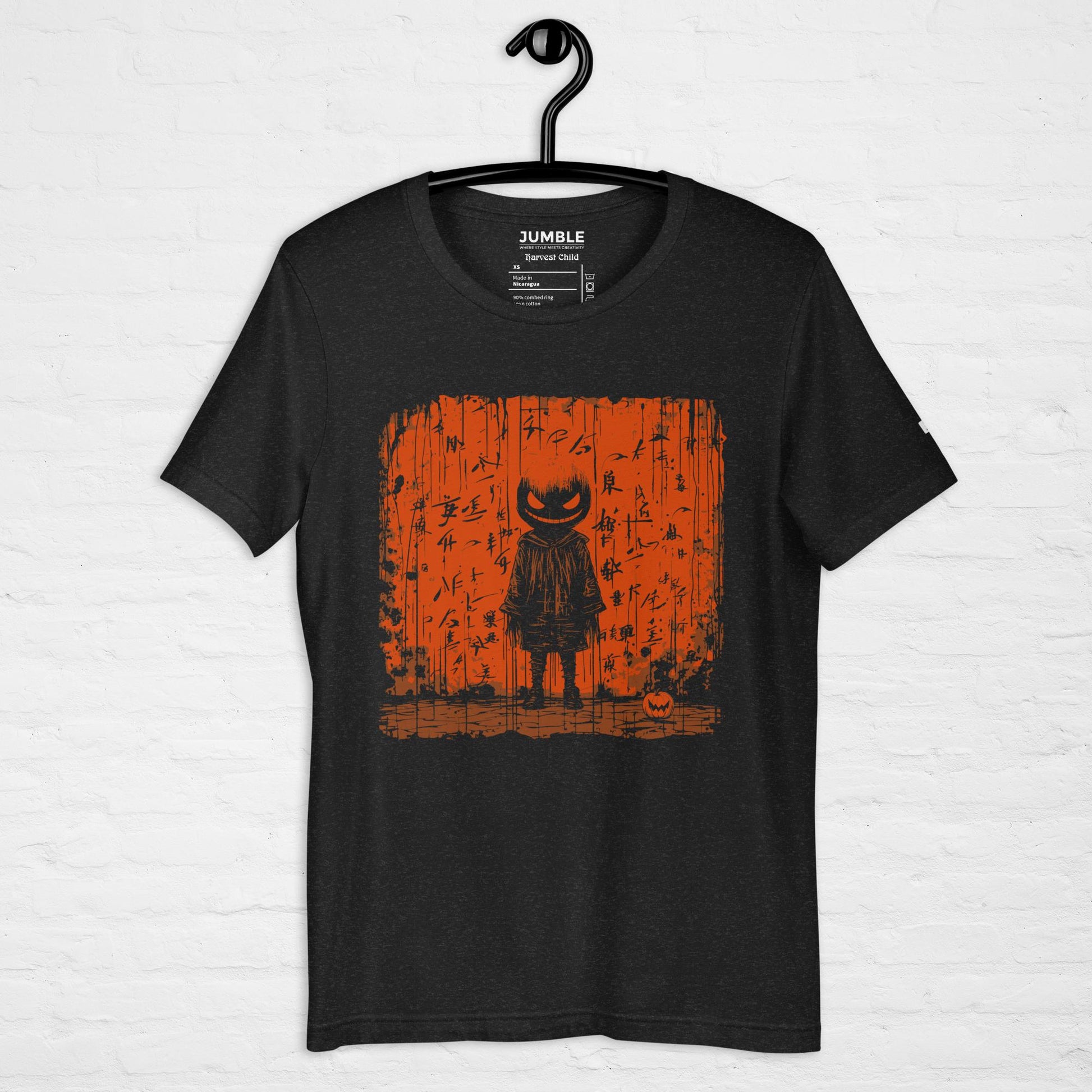 black heather Harvest Child Unisex t-shirt on a hanger