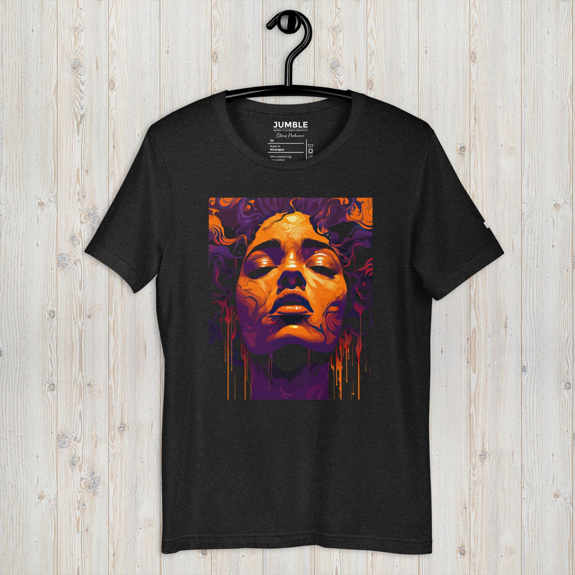 Citrus Nocturne Unisex t-shirt in black heather on hanger