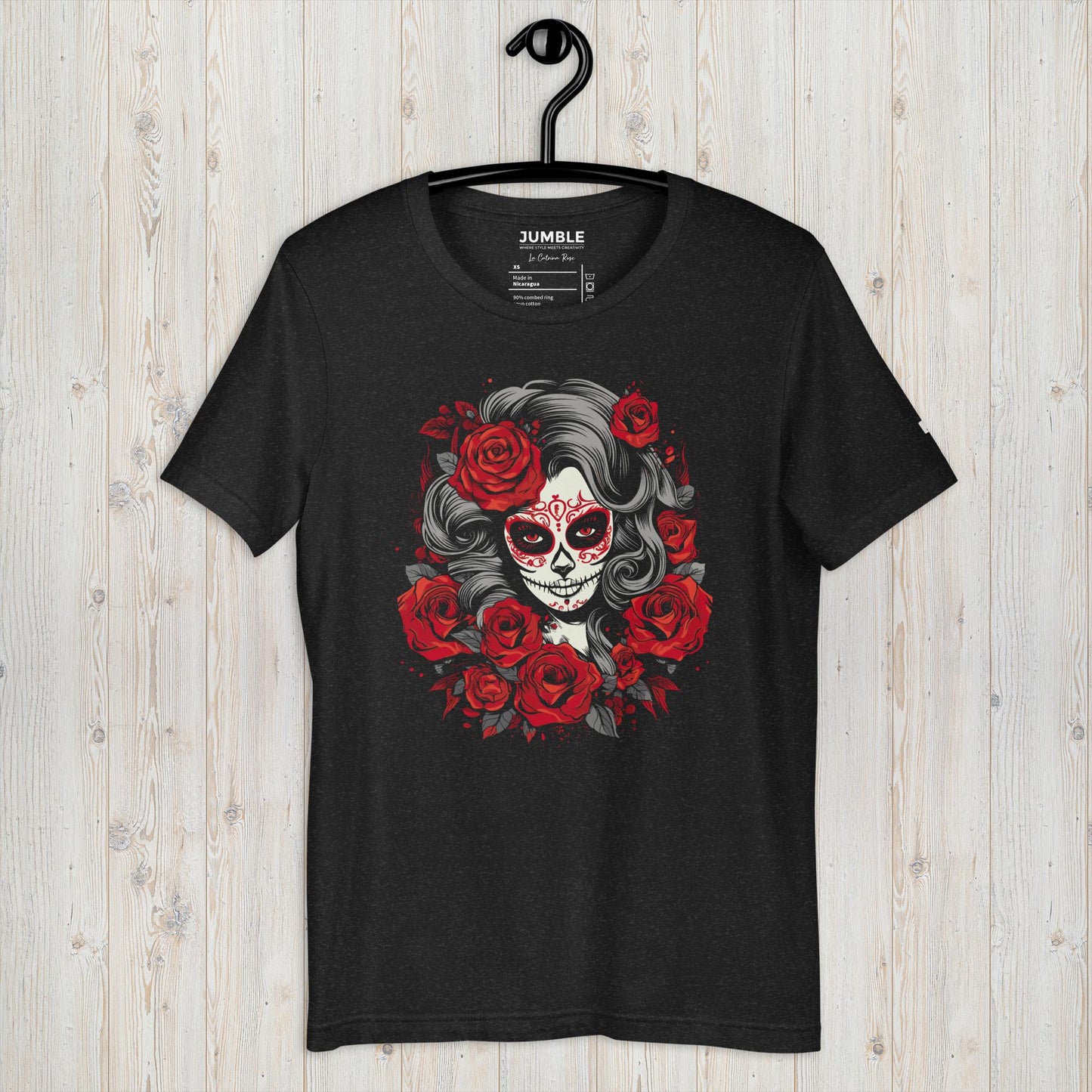 black heather La Catrina Rose Unisex t-shirt displayed on a hanger