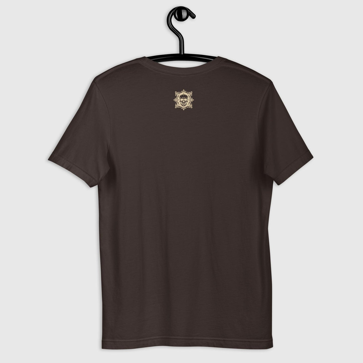 back of brown Coiled Grace Unisex t-shirt displayed on a hanger