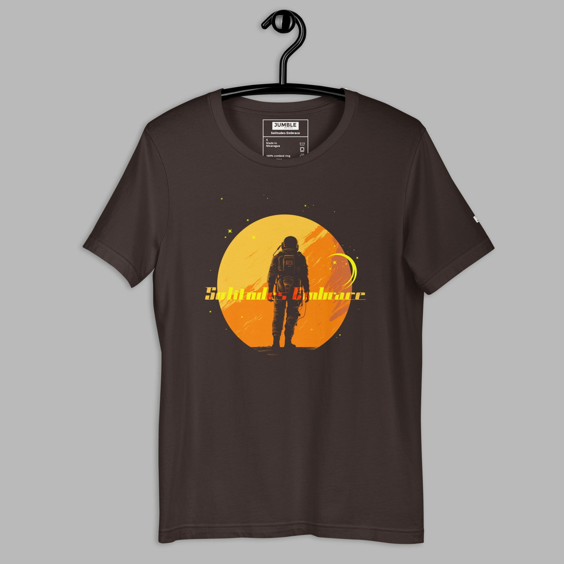 Solitudes Embrace Unisex t-shirt- in brown- on hanger