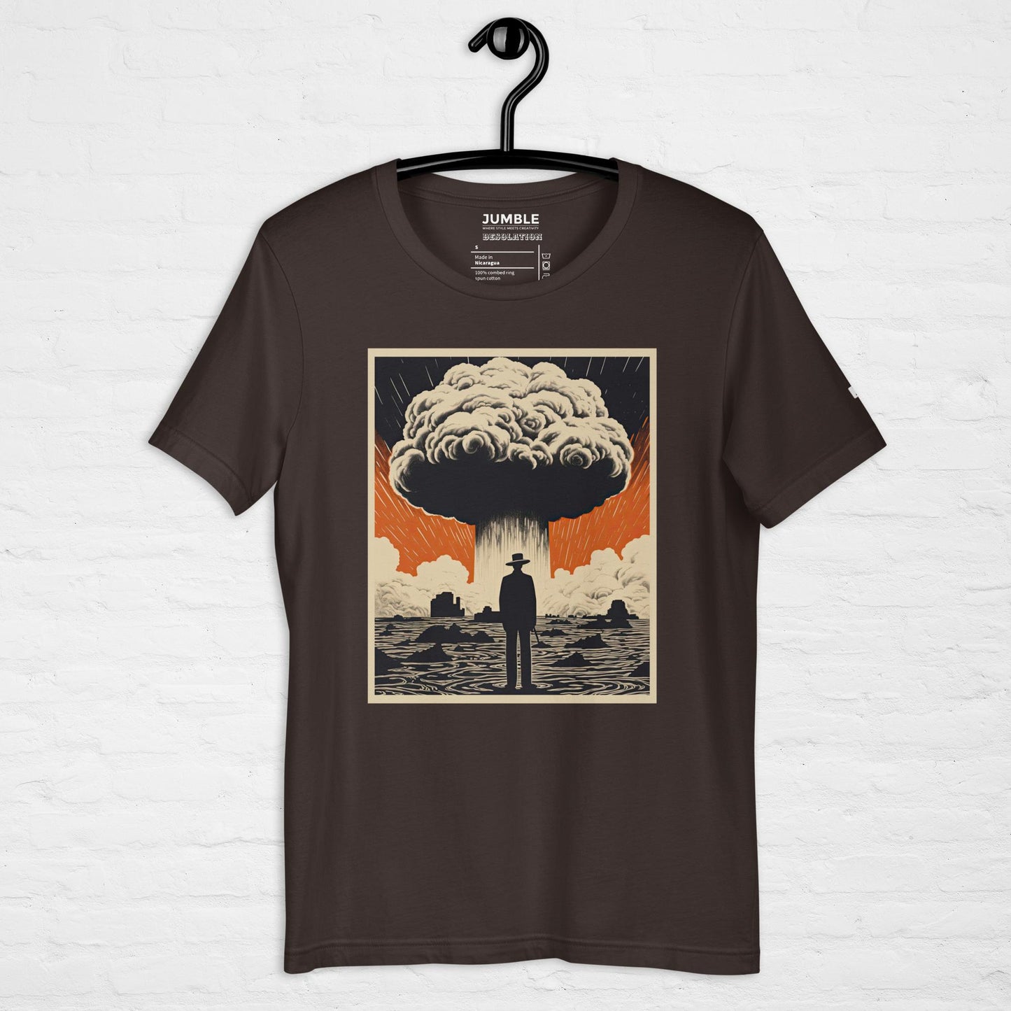 Desolation Unisex t-shirt in brown, displayed on hanger