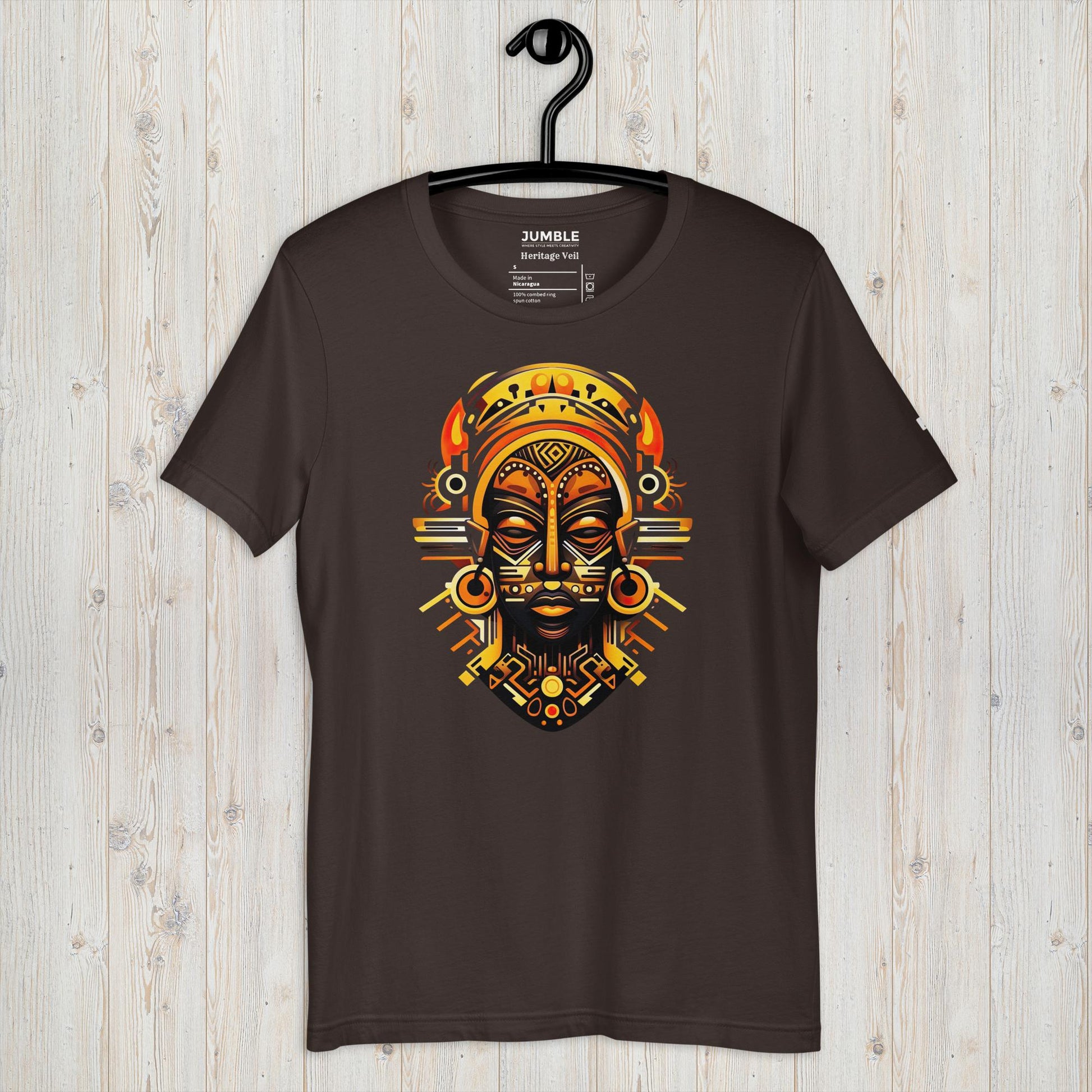 Heritage Veil Unisex t-shirt, in brown. Displayed on a hanger
