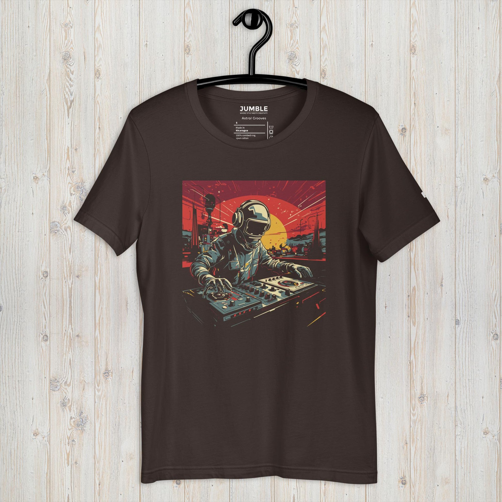 Astral Grooves Unisex t-shirt on hanger, in  brown