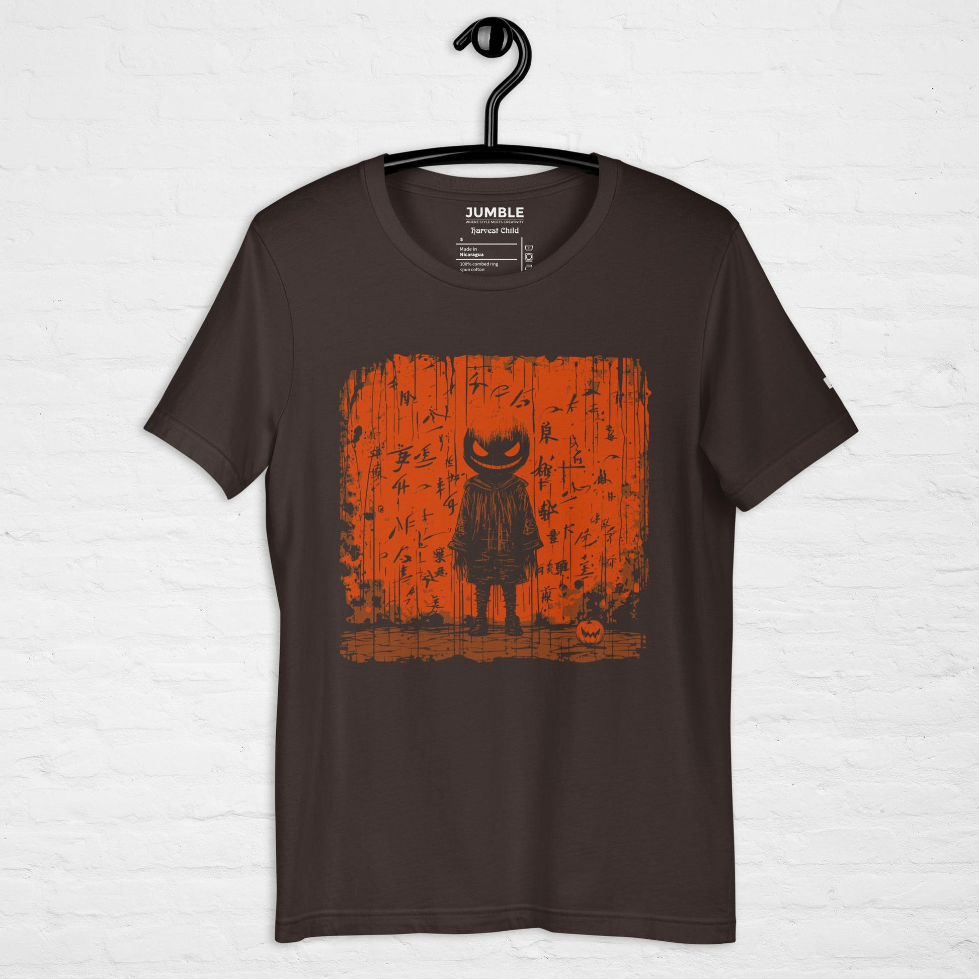 brown Harvest Child Unisex t-shirt on a hanger