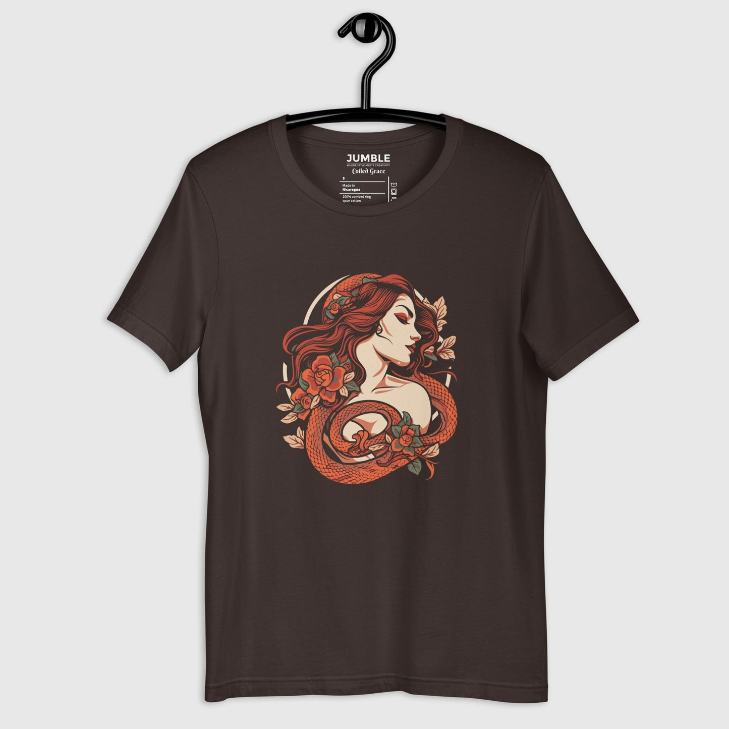 brown Coiled Grace Unisex t-shirt on a hanger