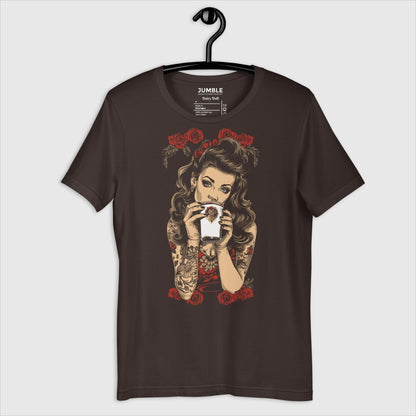 brown Dairy Doll Unisex t-shirt on a hanger