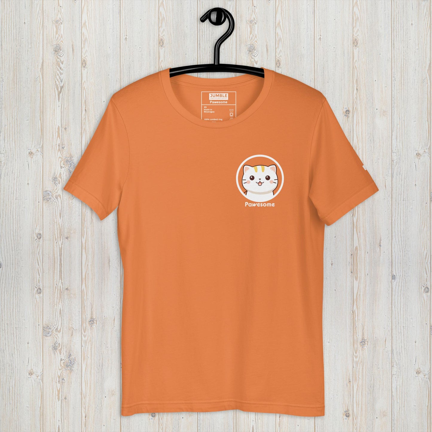Pawesome Unisex t-shirt in burnt orange on hanger