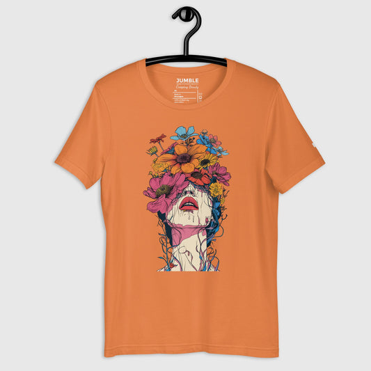 burnt orange Creeping Beauty Unisex t-shirt displayed on a hanger