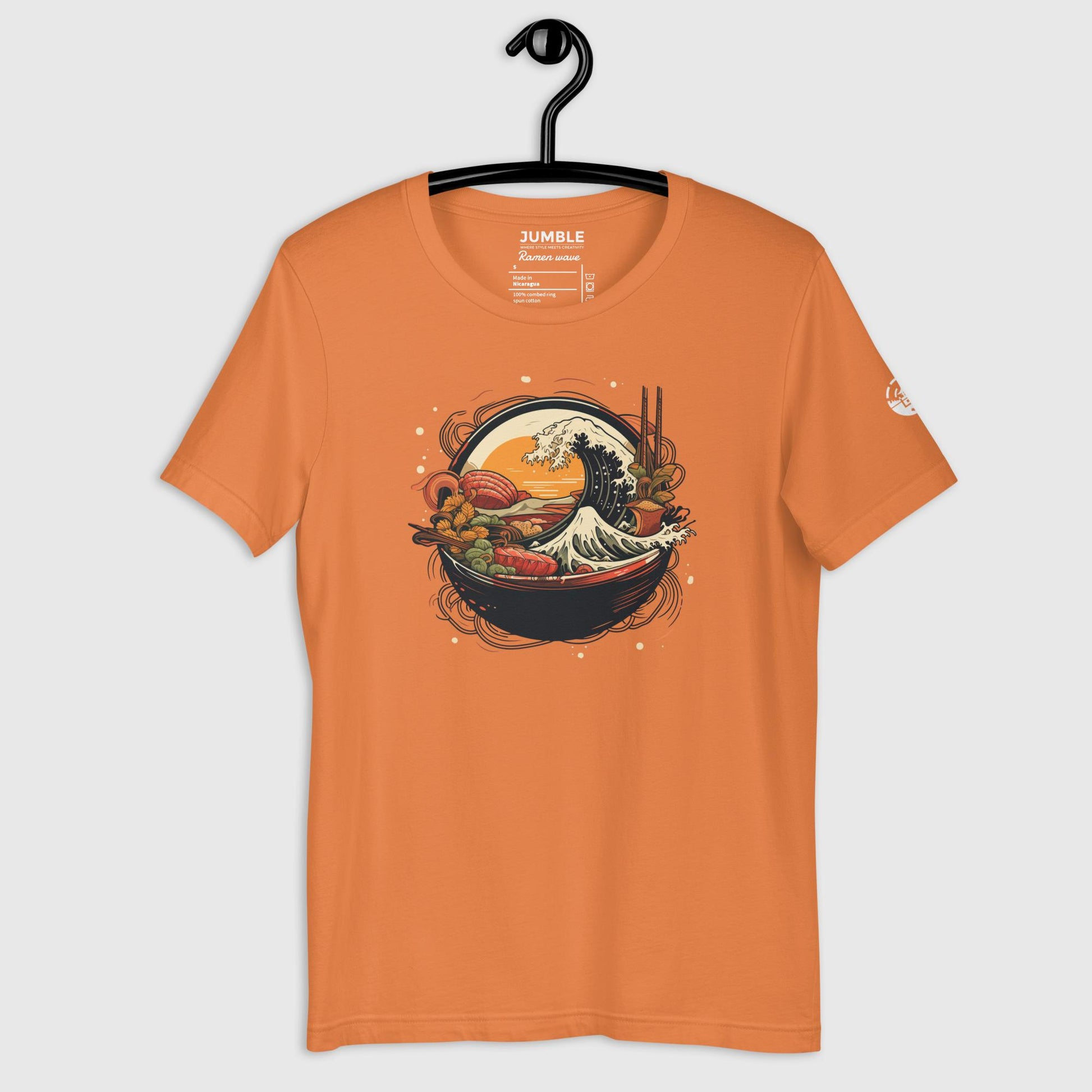 burnt orange Ramen Wave Unisex t-shirt on hanger