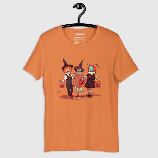 burnt orange Clownish Terrors Unisex t-shirt displayed on a hanger
