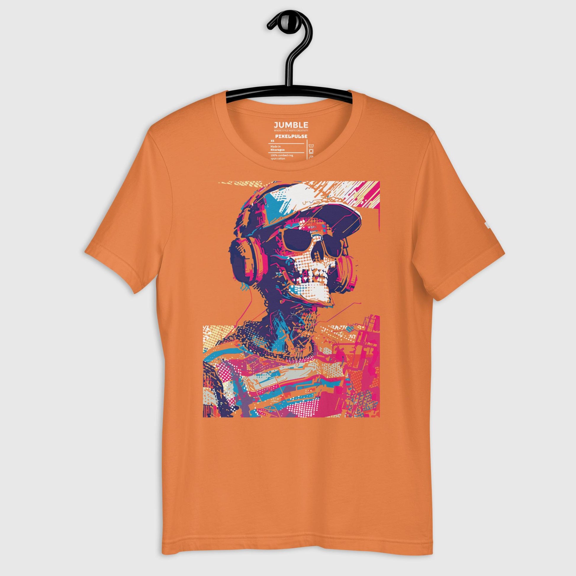 burnt orange PixelPulse Unisex t-shirt on a hanger