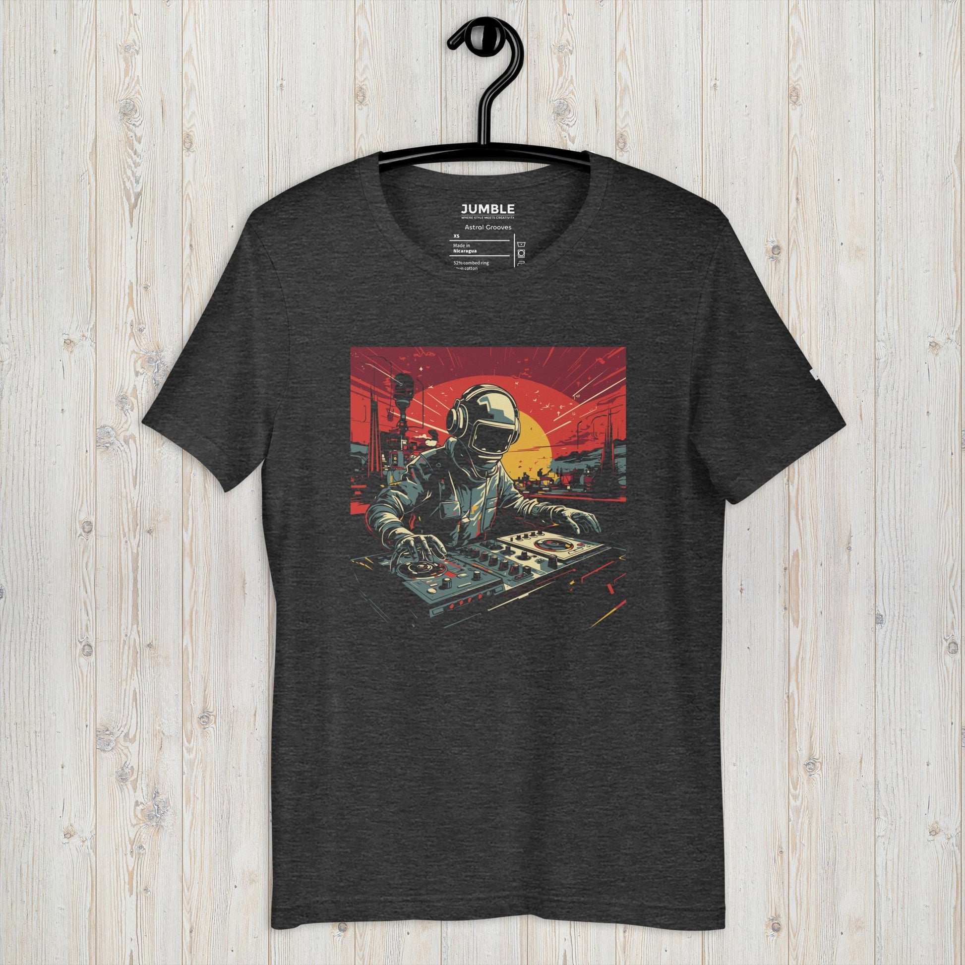 Astral Grooves Unisex t-shirt on hanger, in dark heather