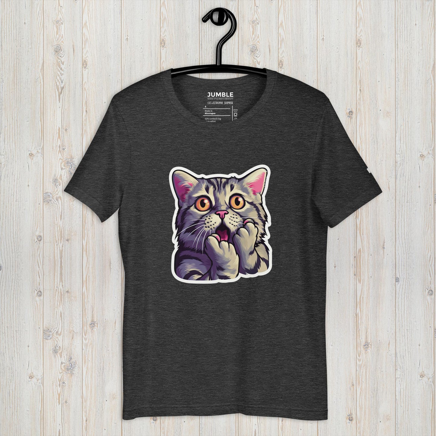 dark grey heather Cat-astrophic Surprise Unisex t-shirt displayed on a hanger