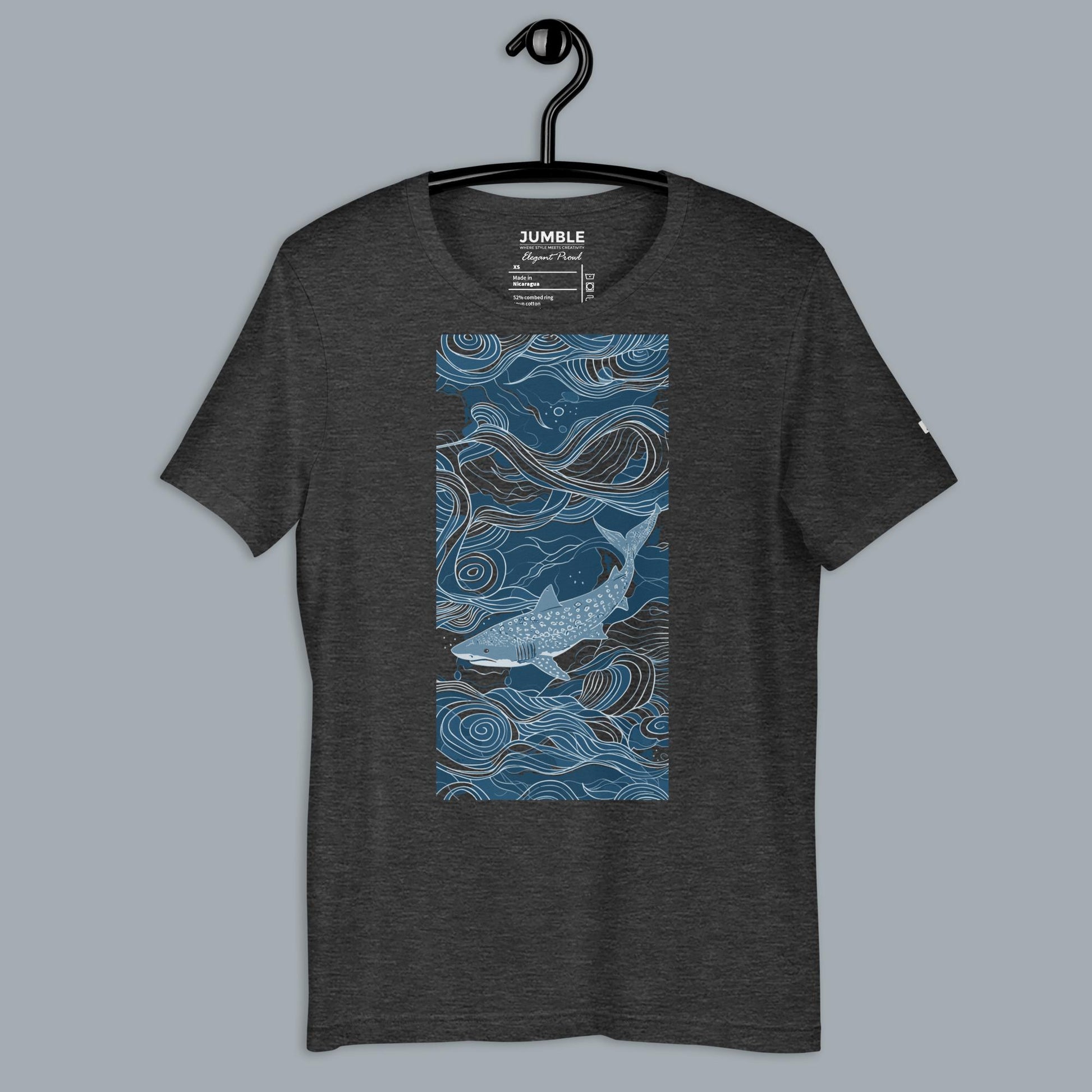 dark heather grey Elegant Prowl Unisex t-shirt on a hanger