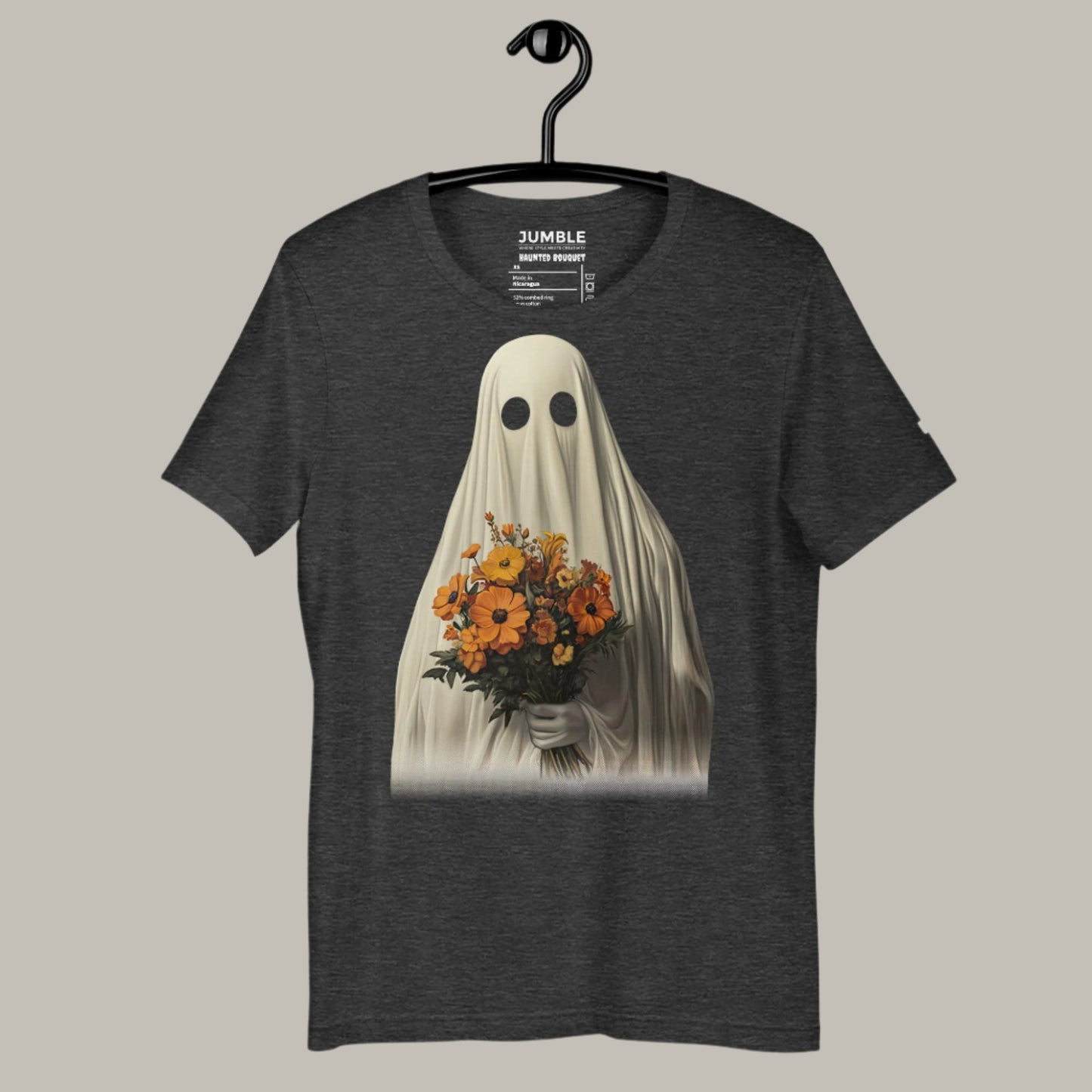 dark grey heather Haunted Bouquet Unisex t-shirt on a hanger