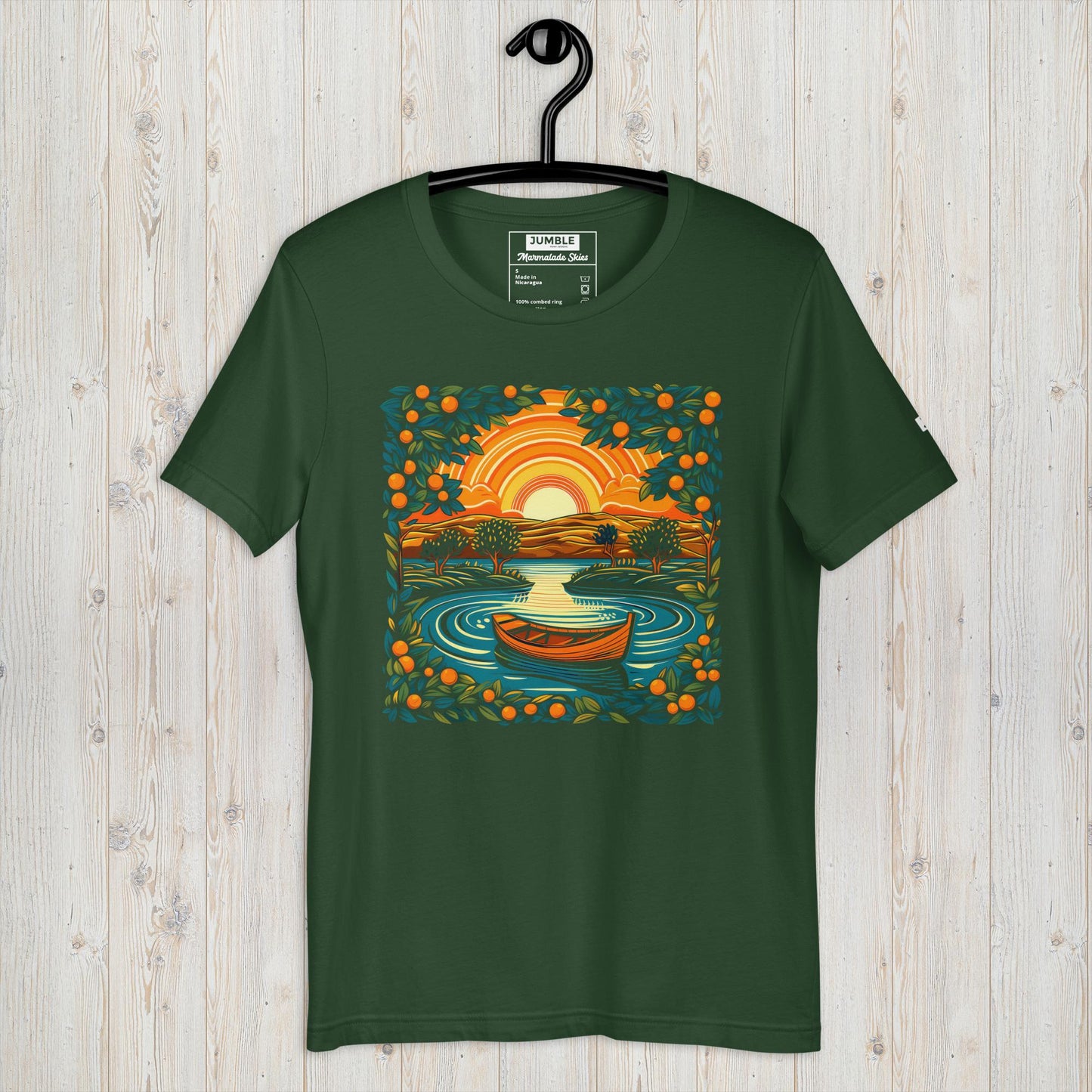 Marmalade Skies Unisex t-shirt, in forest. Displayed on hanger