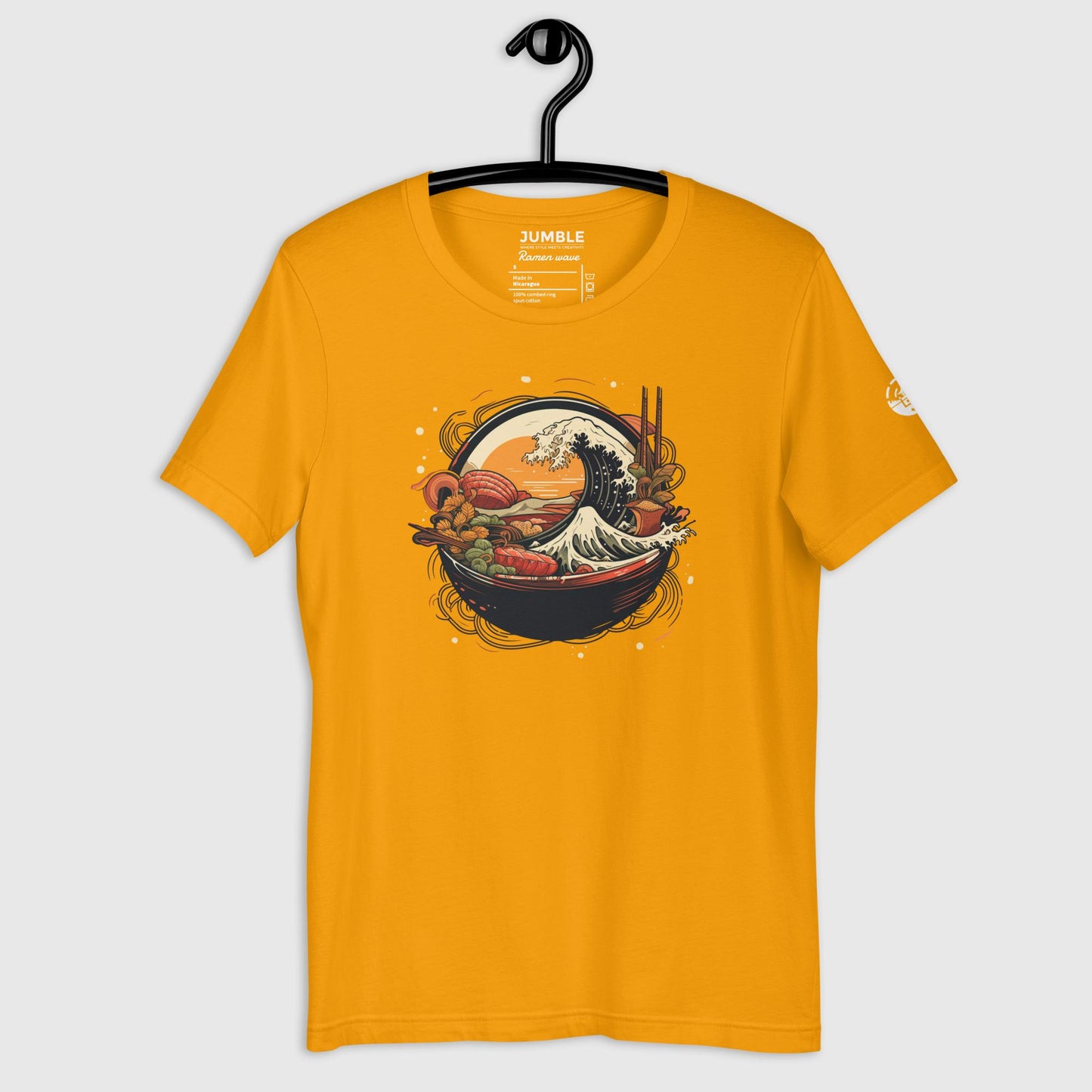 gold Ramen Wave Unisex t-shirt on hanger