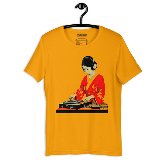 gold Bonsai Beat Unisex t-shirt on a hanger