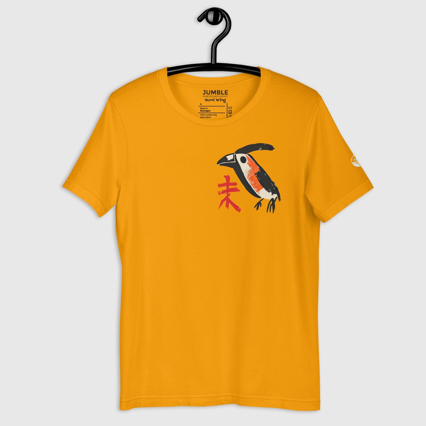 gold Sumi Wing Unisex t-shirt on a hanger