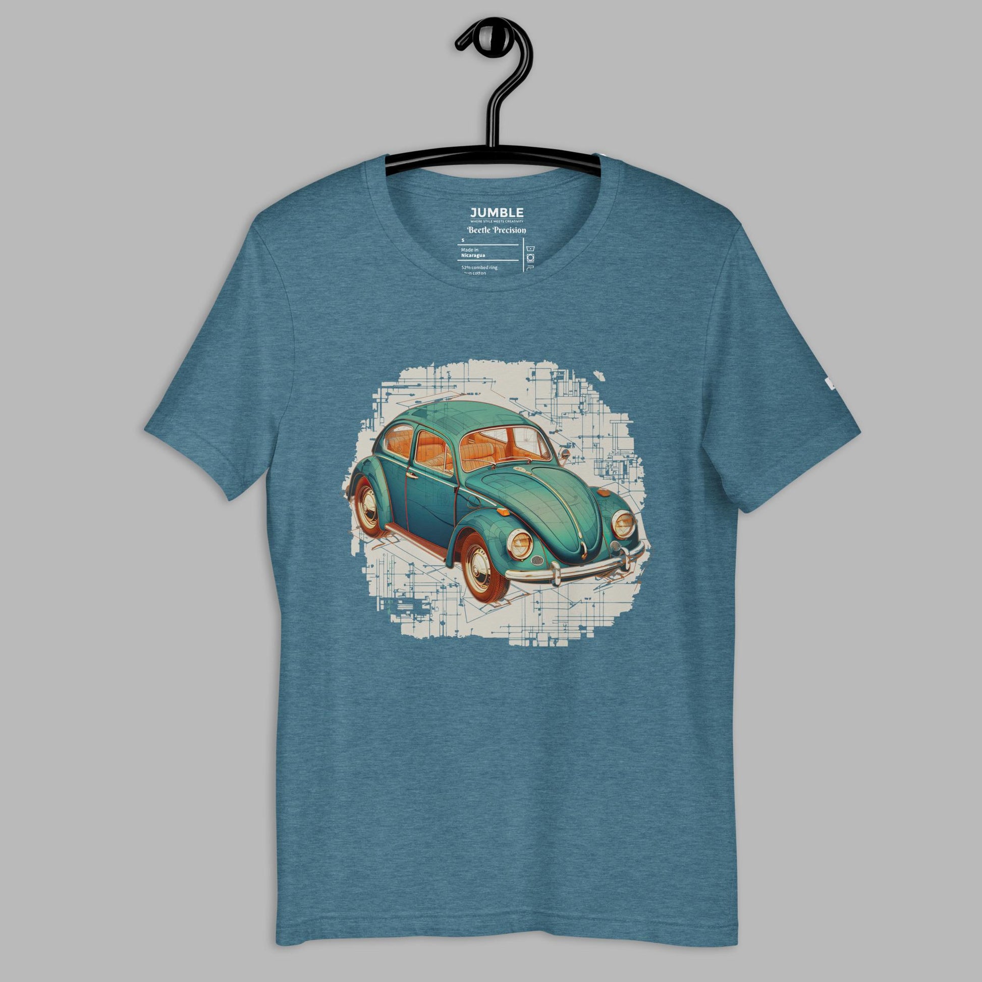heather deep teal Beetle Precision Unisex t-shirt displayed on a hanger