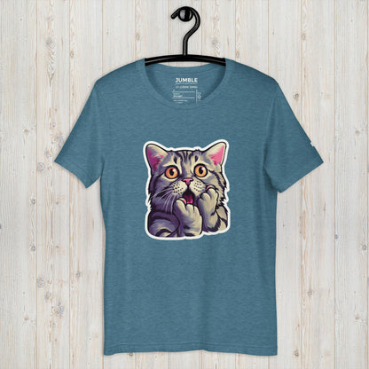 heather deep teal Cat-astrophic Surprise Unisex t-shirt displayed on a hanger