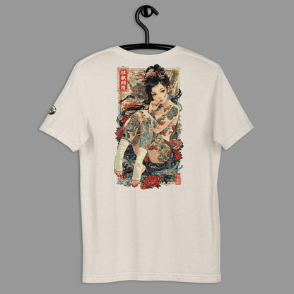 heather dust Irezumi Unisex T-Shirt (back print) on a hanger