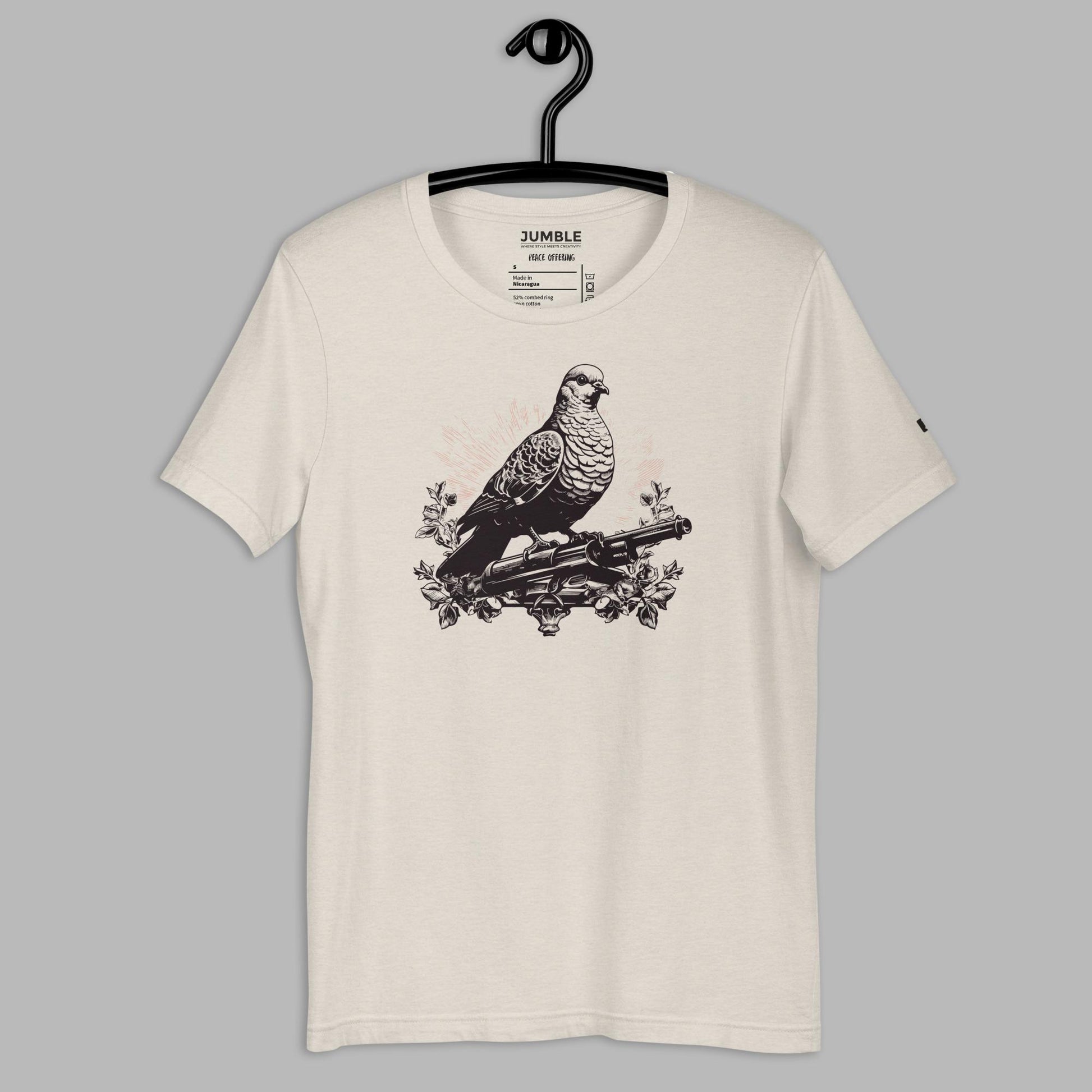 Peace Offering Unisex t-shirt- in heather dust, on hanger