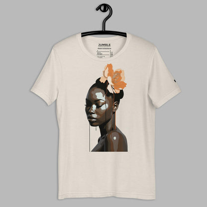 Ebonic Enchantment Unisex t-shirt, in heather dust. Displayed on hanger