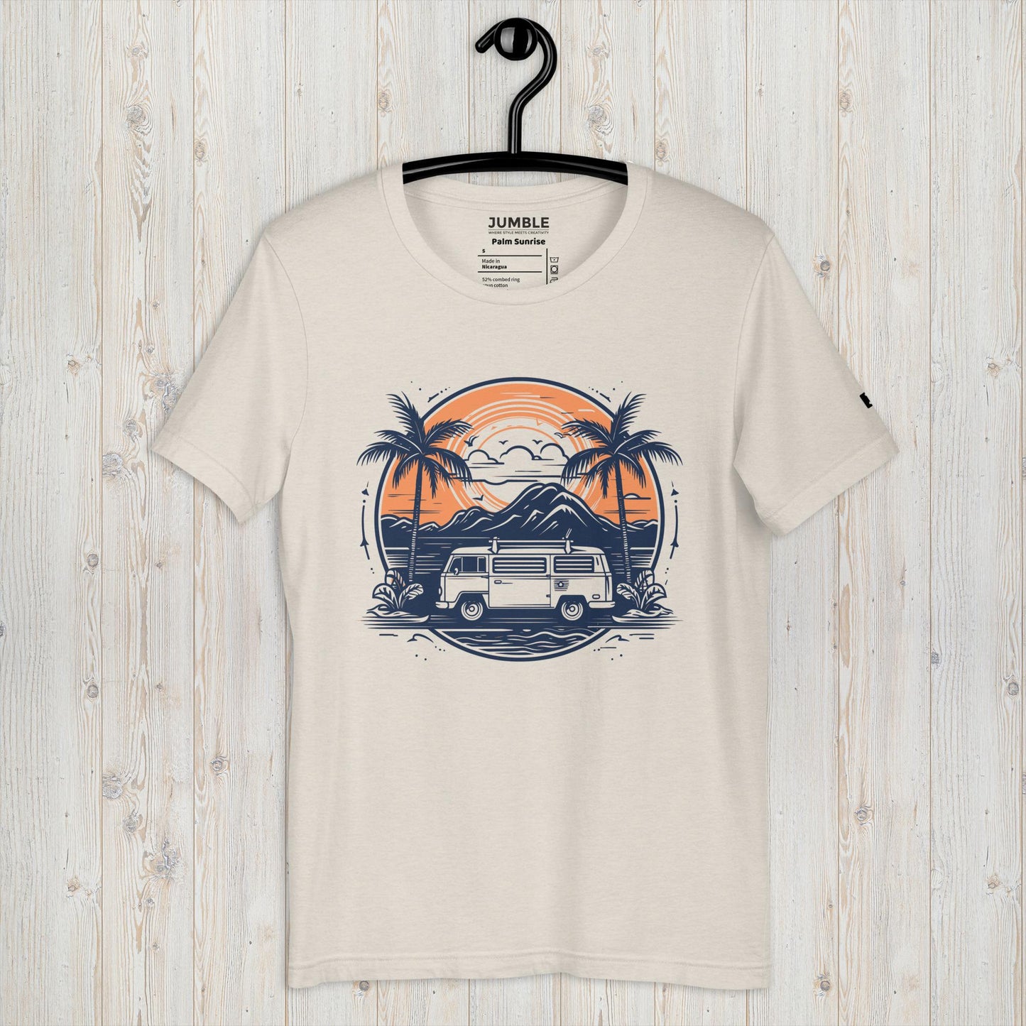 heather dust Palm Sunrise Unisex t-shirt displayed on a hanger