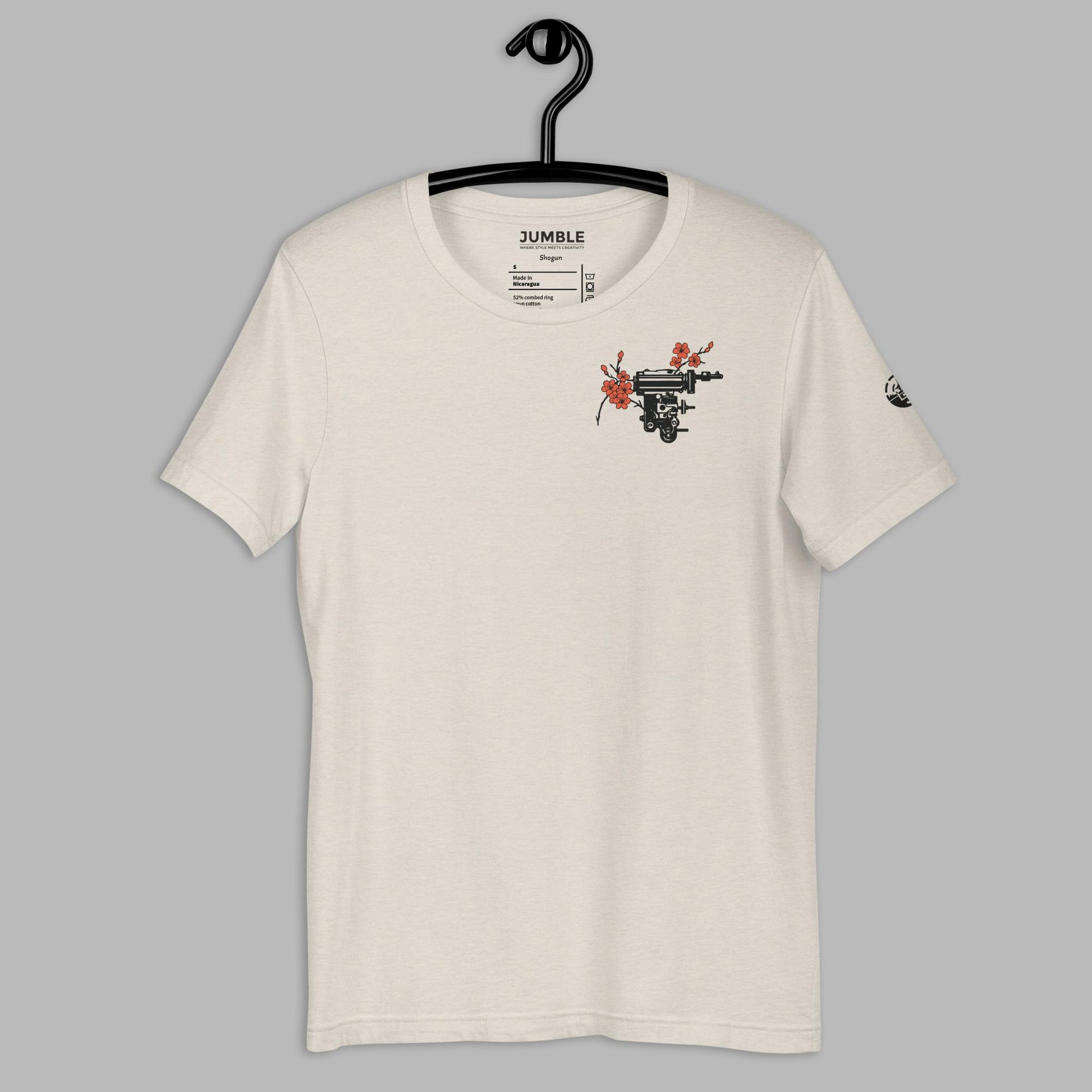 front of heather dust Shogun Unisex t-shirt displayed on a hanger