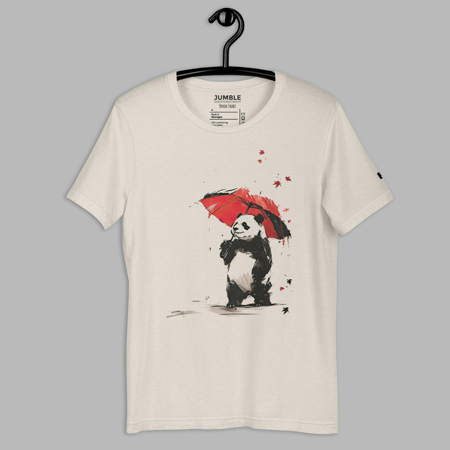 heather dust Panda Shade Unisex t-shirt displayed on a hanger