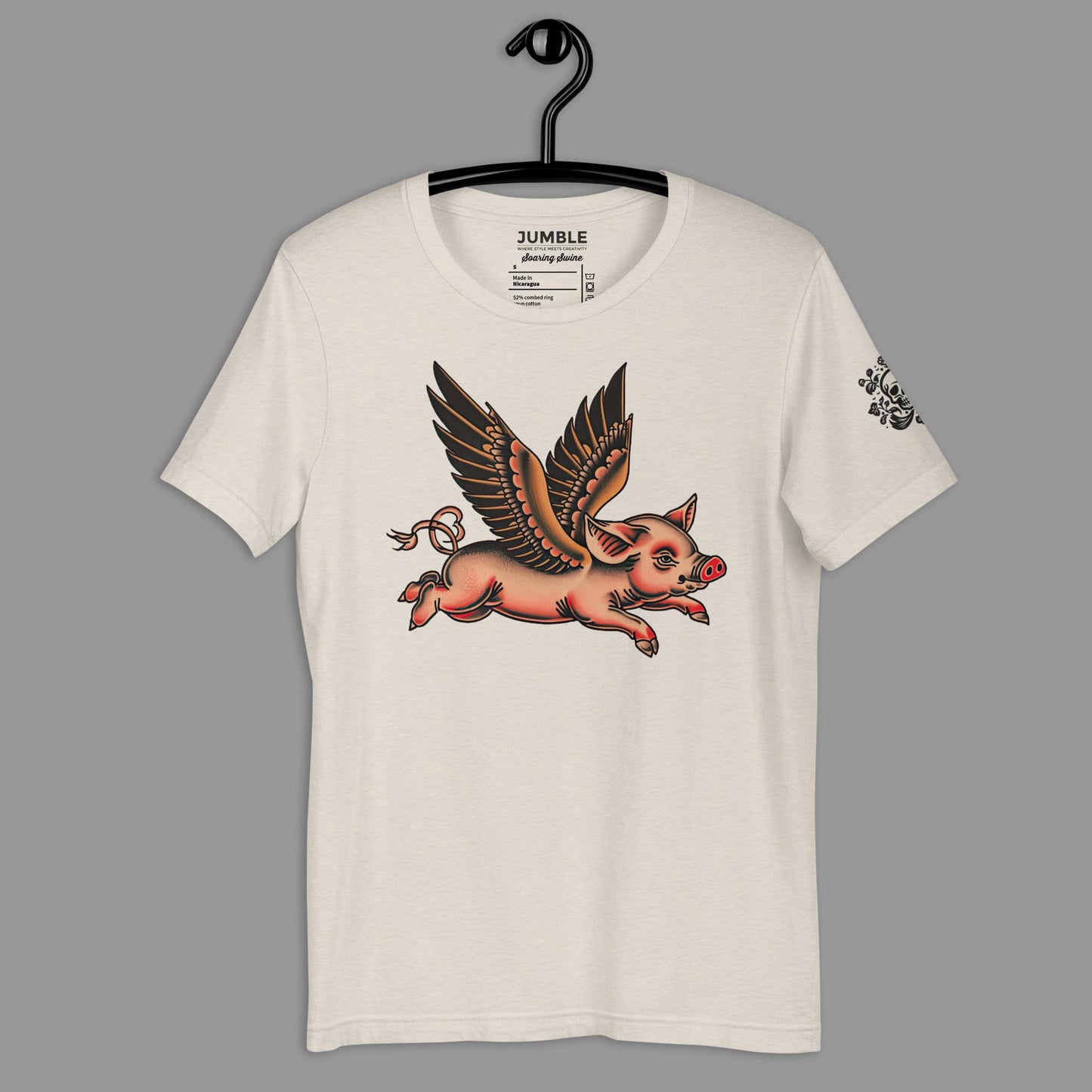 heather dust Soaring Swine Unisex t-shirt on a hanger