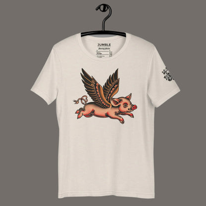 heather dust Soaring Swine Unisex t-shirt on a hanger