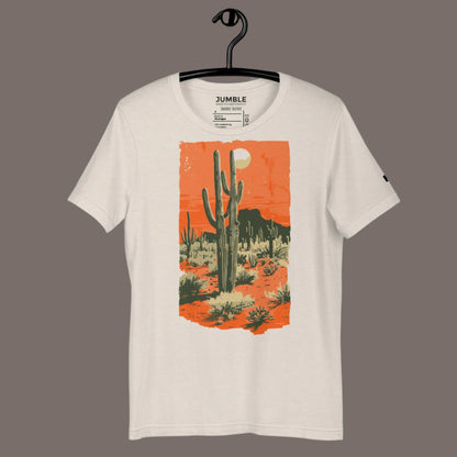 heather dust Saguaro Silence Unisex t-shirt on a hanger