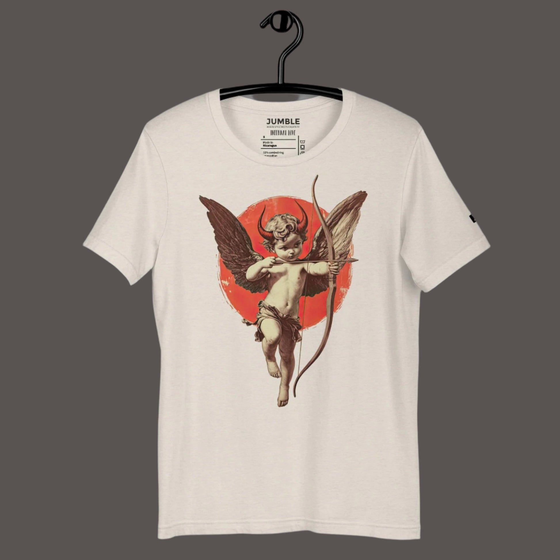 heather dust Infernal Love Unisex t-shirt on a hanger