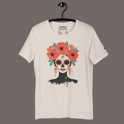 heather dust La Catrina en Flor Unisex t-shirt on a hanger
