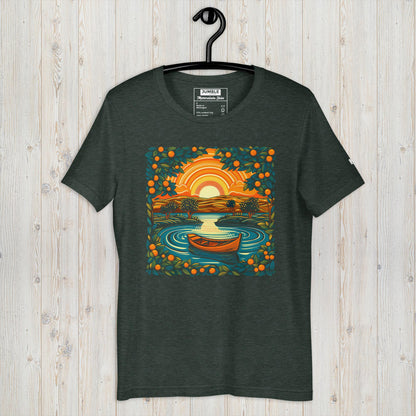 Marmalade Skies Unisex t-shirt, in heather forest. Displayed on hanger