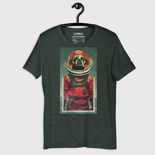 heather forest Galaxy Guardian Unisex t-shirt on a hanger