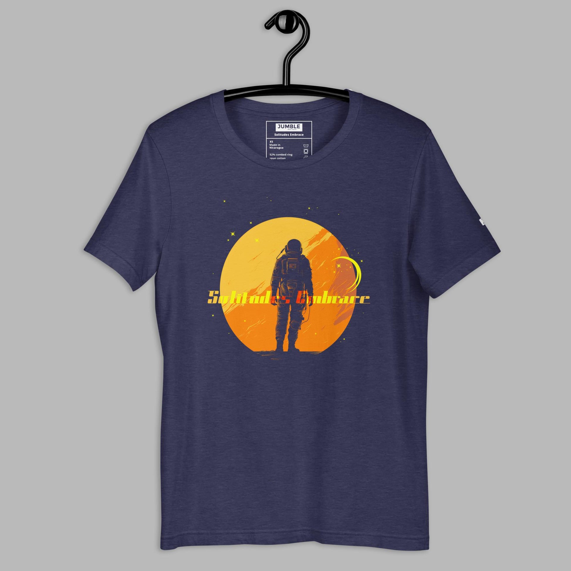 Solitudes Embrace Unisex t-shirt- in midnight navy- on hanger