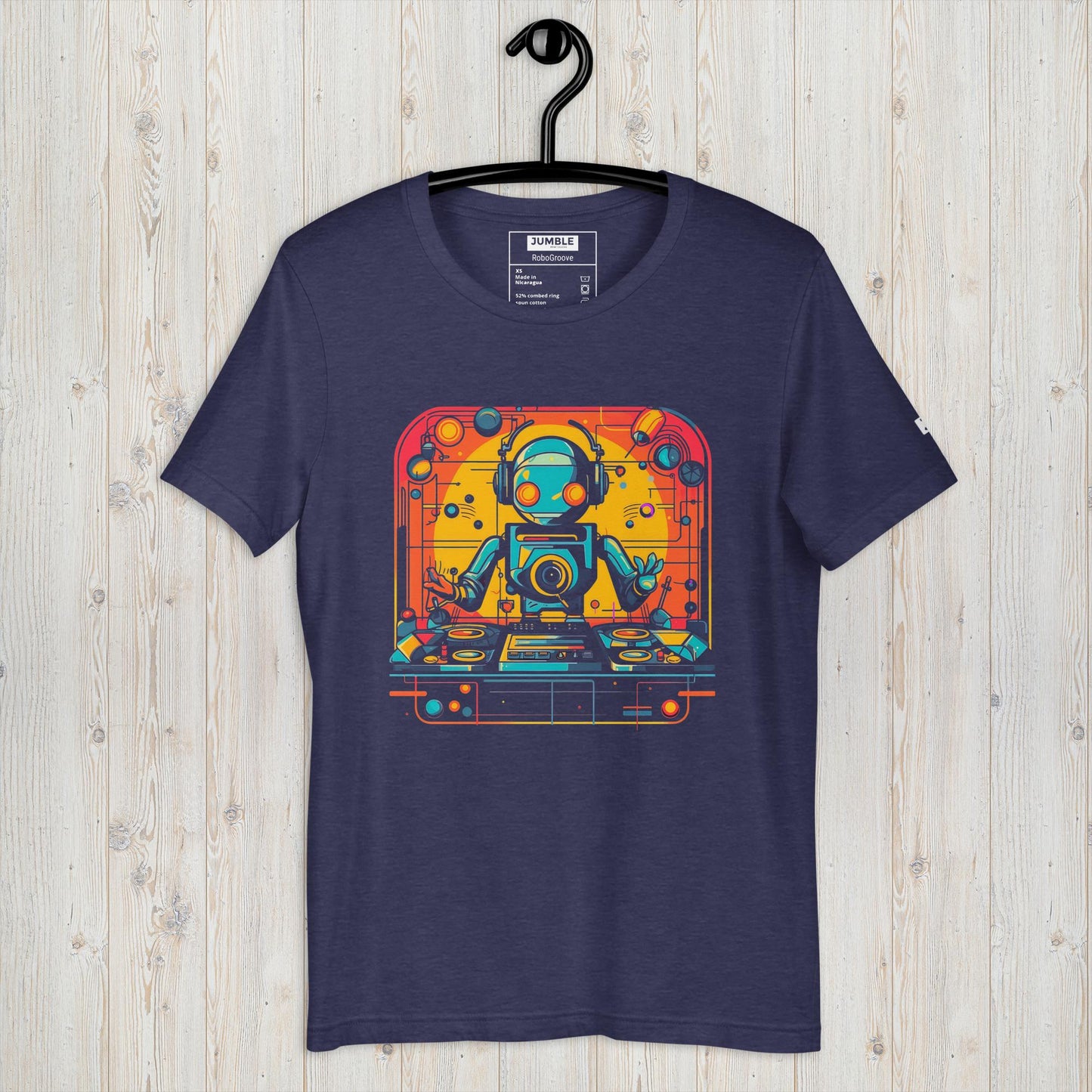 RoboGroove Unisex t-shirt in heather midnight displayed on a hanger