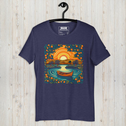 Marmalade Skies Unisex t-shirt, in hmidnight navy. Displayed on hanger