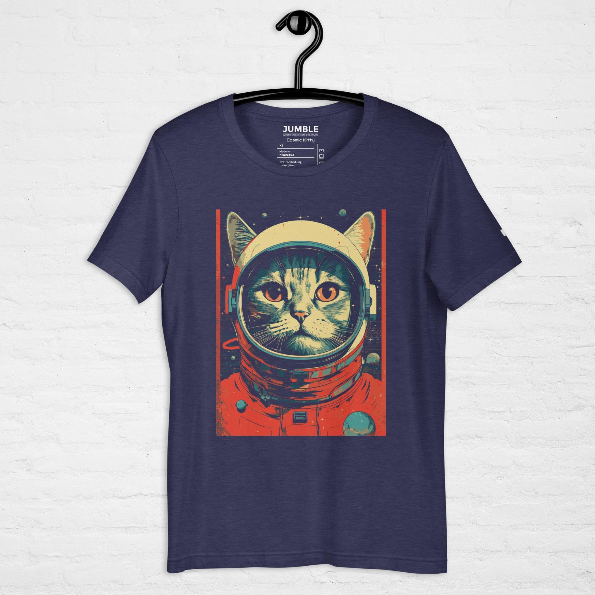 heather midnight Cosmic Kitty Unisex t-shirt displayed on a hanger