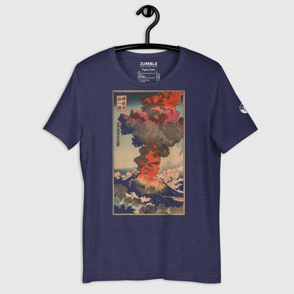 heather midnight Fuji's Fury Unisex t-shirt on a hanger