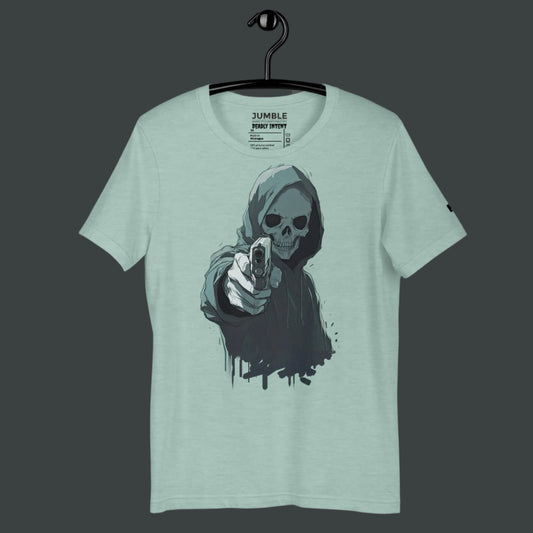 Dusty Blue Deadly Intent Unisex t-shirt on a hanger