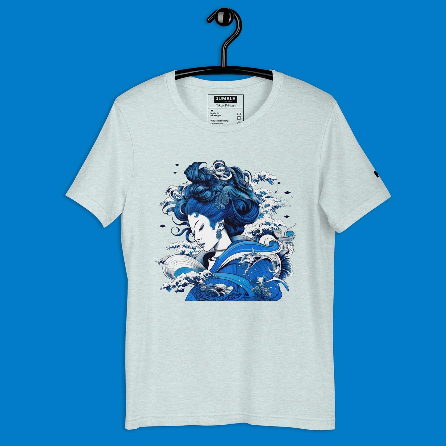 Tokyo Princess Unisex t-shirt in prism ice blue, on hanger